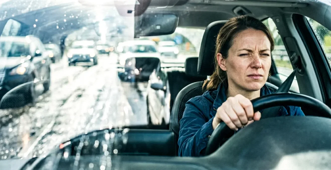 Conducente alla guida con riverbero intenso sul parabrezza che causa affaticamento visivo