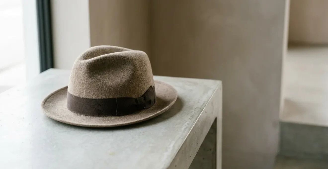 Elegante cappello fedora in feltro posato su superficie minimalista con luce naturale morbida