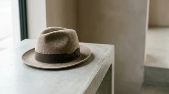 Elegante cappello fedora in feltro posato su superficie minimalista con luce naturale morbida