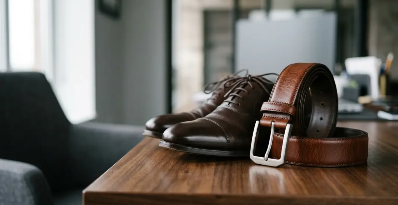 Dettaglio elegante di cintura in cuoio marrone abbinata a scarpe Oxford in contesto business formale