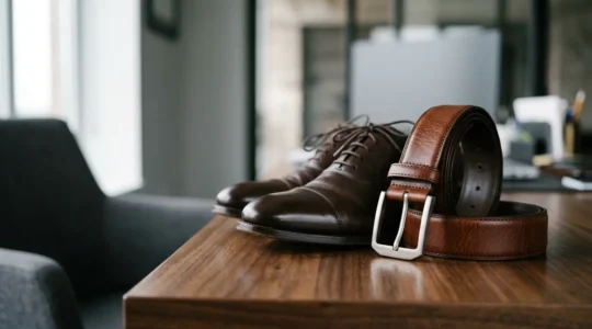 Dettaglio elegante di cintura in cuoio marrone abbinata a scarpe Oxford in contesto business formale