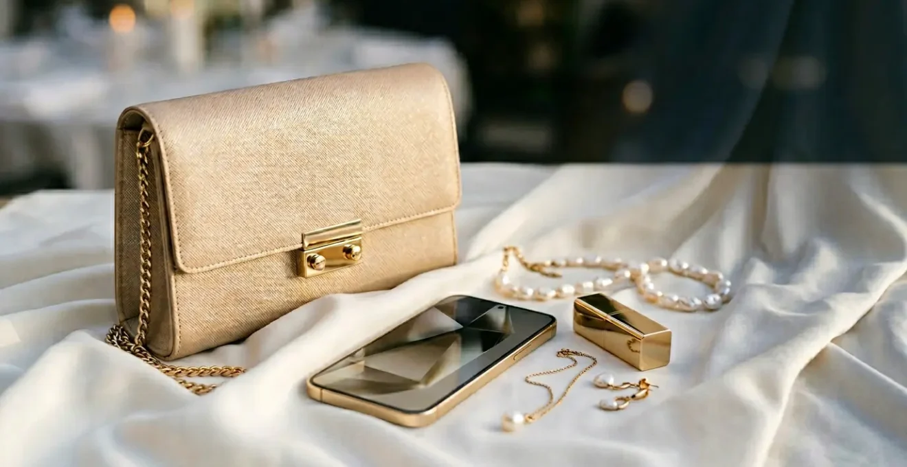 Elegante pochette da sera e borsa a spalla per matrimonio con smartphone e accessori essenziali