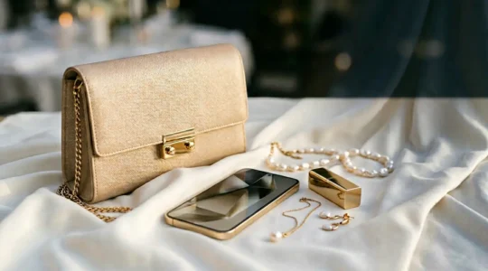 Elegante pochette da sera e borsa a spalla per matrimonio con smartphone e accessori essenziali