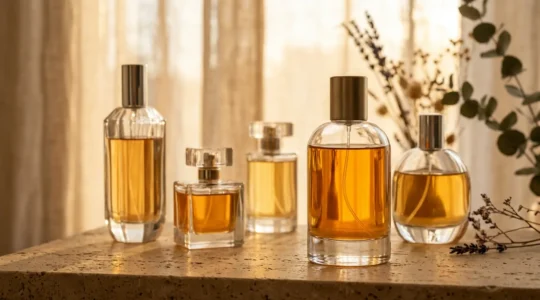 Composizione elegante che rappresenta la scelta tra diverse concentrazioni di profumo per una fragranza duratura
