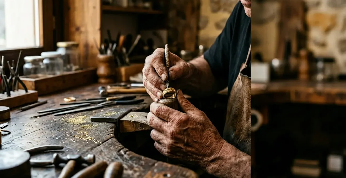 Dettaglio ravvicinato di mani d'artigiano che lavorano oro per gioiello personalizzato su banco da orafo