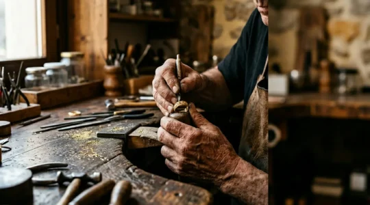 Dettaglio ravvicinato di mani d'artigiano che lavorano oro per gioiello personalizzato su banco da orafo