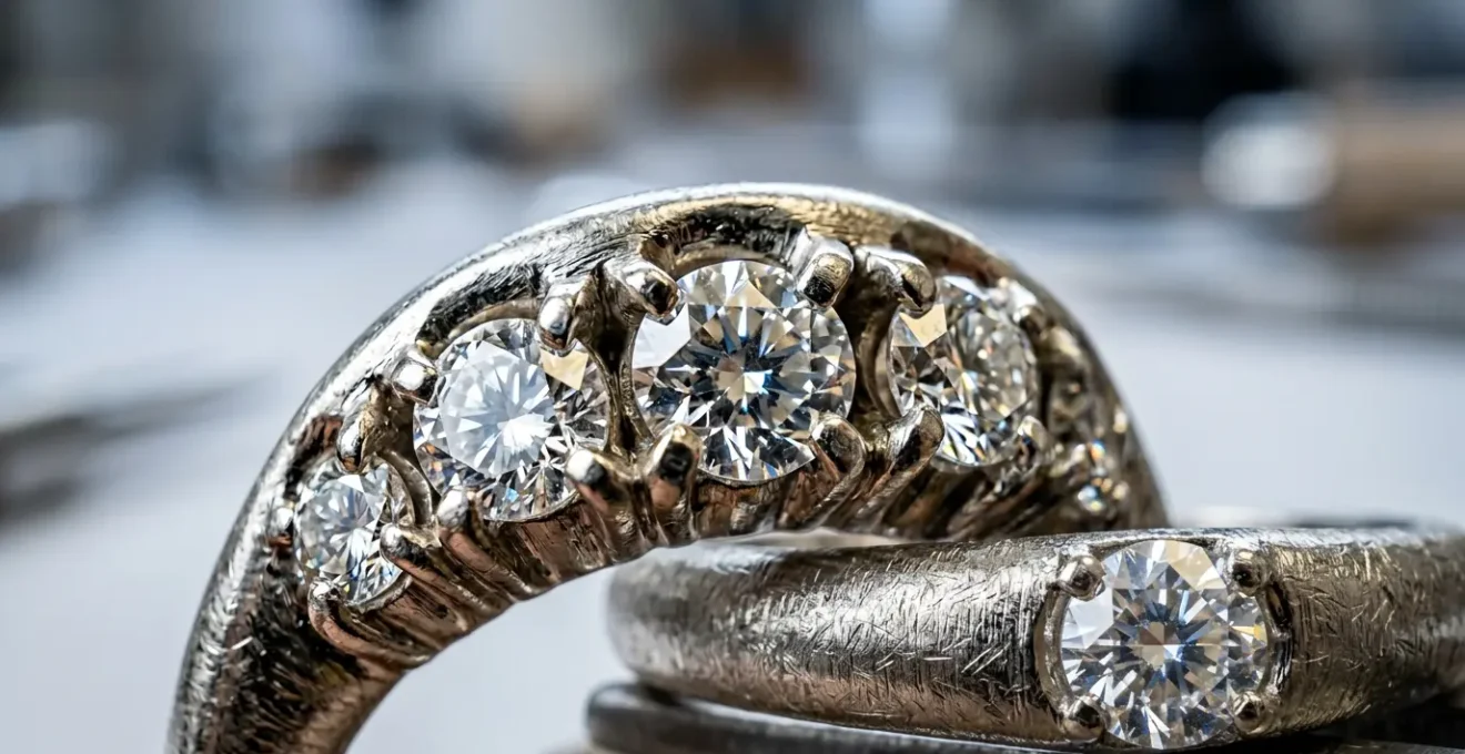 Dettaglio ravvicinato di incastonatura di diamanti che mostra le differenze tra montature a griffe e a pavé per uso quotidiano