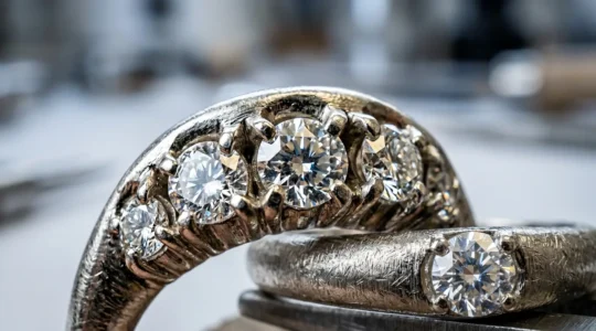 Dettaglio ravvicinato di incastonatura di diamanti che mostra le differenze tra montature a griffe e a pavé per uso quotidiano