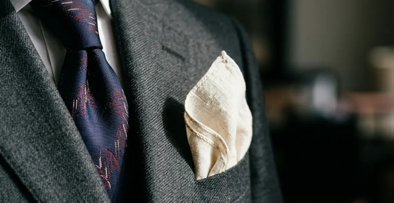 Dettaglio ravvicinato di cravatta e pochette su giacca sartoriale, eleganza maschile raffinata