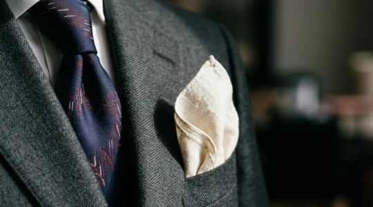 Dettaglio ravvicinato di cravatta e pochette su giacca sartoriale, eleganza maschile raffinata