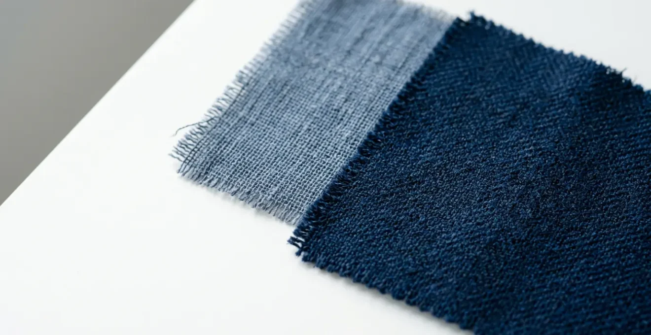 Confronto visivo tra tessuti di alta qualità e tessuti outlet in un ambiente fotografico professionale