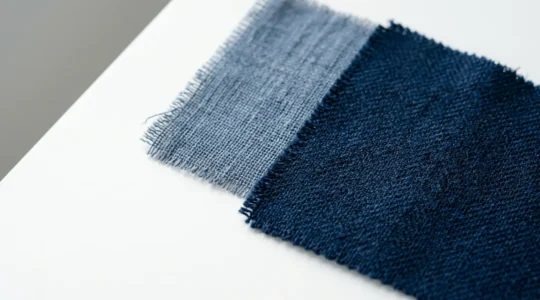 Confronto visivo tra tessuti di alta qualità e tessuti outlet in un ambiente fotografico professionale