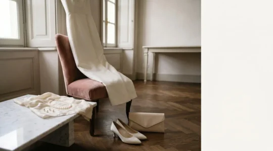 Dettaglio elegante di outfit da cerimonia con accessori raffinati per matrimonio esclusivo