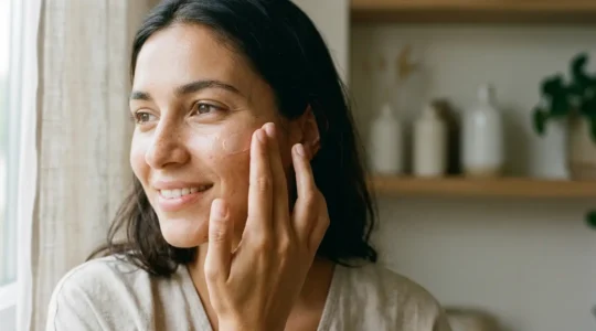 Applicazione delicata di prodotto base viso per look naturale e pelle sana