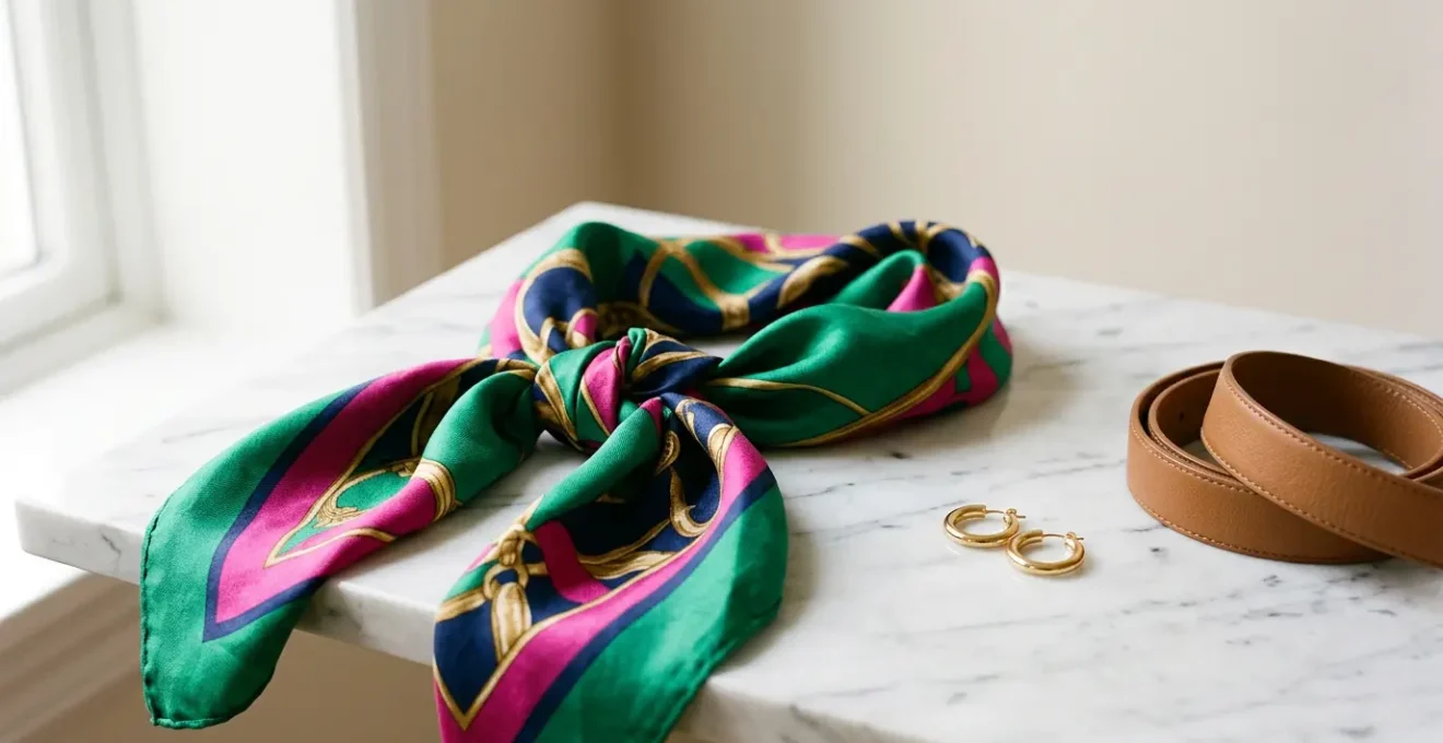Composizione elegante con foulard di seta colorato e accessori moda per elevare outfit basico