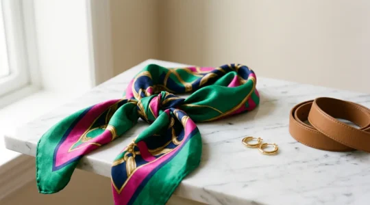 Composizione elegante con foulard di seta colorato e accessori moda per elevare outfit basico