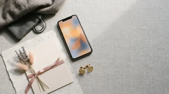 Gift card fisica e digitale su superficie minimalista con dettagli eleganti per regalo dell'ultimo minuto