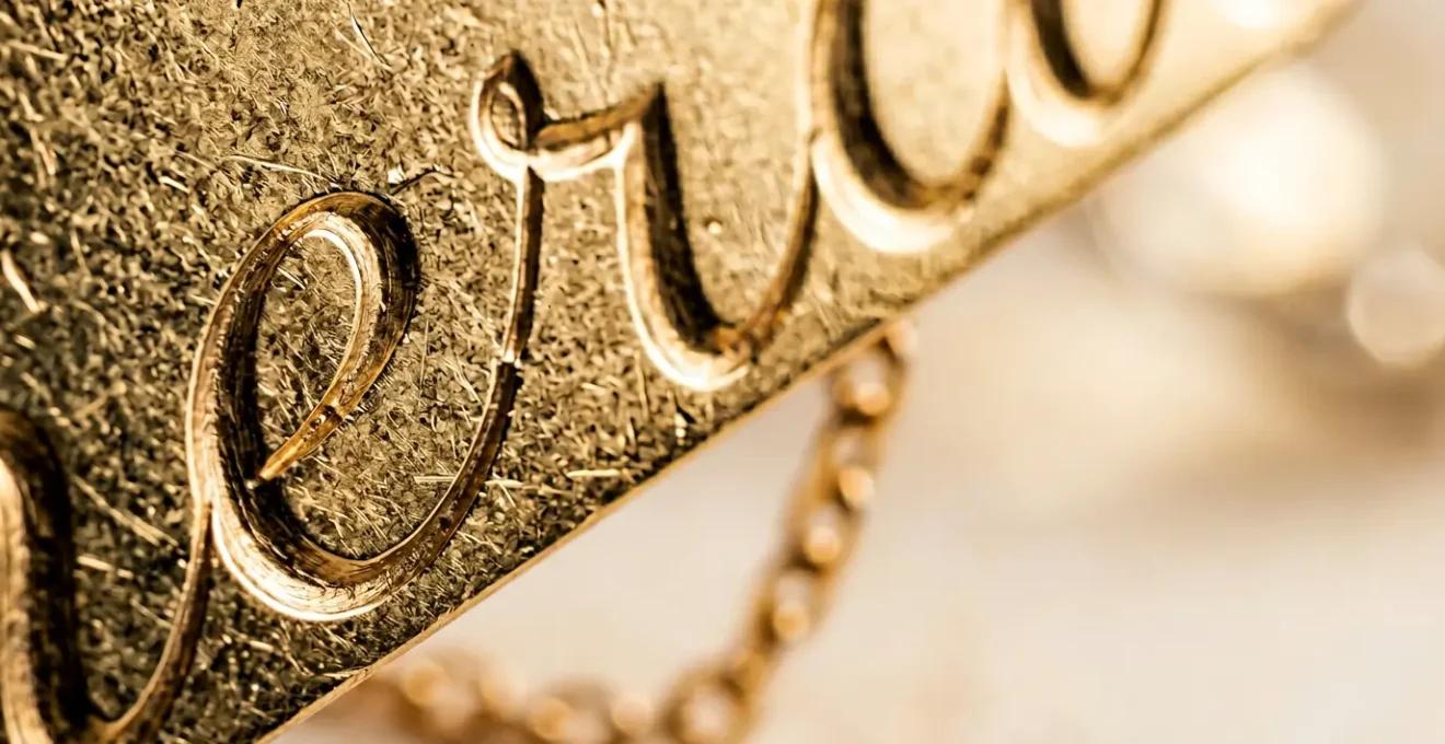 Primo piano ravvicinato di una collana in oro con nome inciso che mostra i dettagli tipografici del carattere
