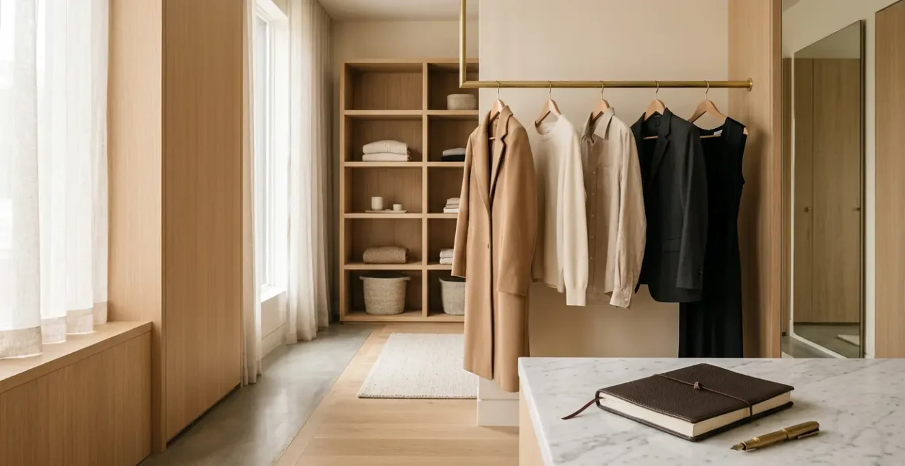 Ambiente elegante minimalista che evoca il concetto di lusso accessibile e organizzazione del guardaroba con attenzione al budget