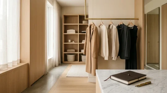 Ambiente elegante minimalista che evoca il concetto di lusso accessibile e organizzazione del guardaroba con attenzione al budget