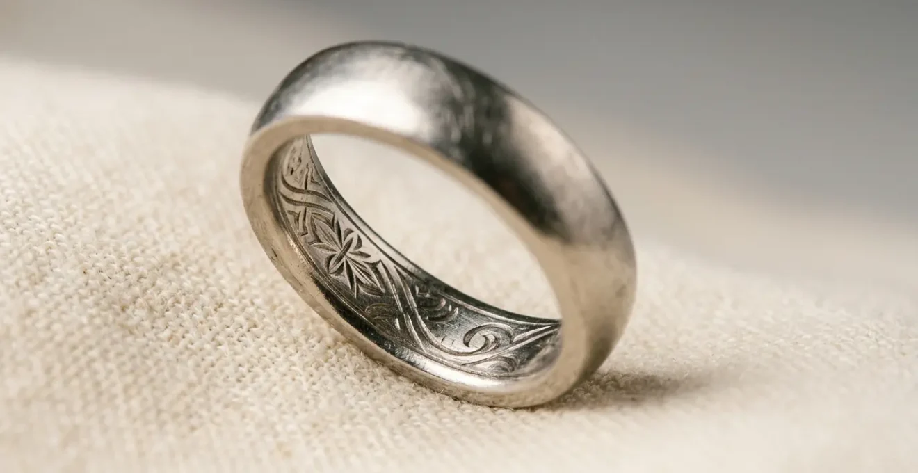 Primo piano fotografico di fede nuziale in oro con incisione interna visibile, illuminazione morbida che esalta i dettagli del metallo