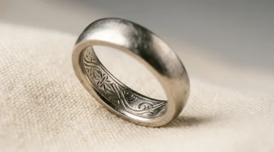 Primo piano fotografico di fede nuziale in oro con incisione interna visibile, illuminazione morbida che esalta i dettagli del metallo