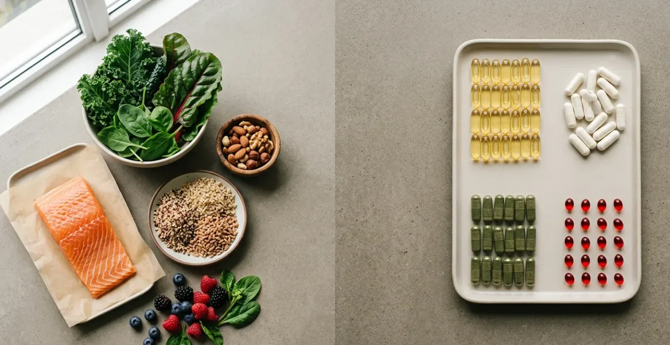 Composizione visiva che evoca il tema degli integratori per capelli e unghie in dialogo con scelte alimentari naturali