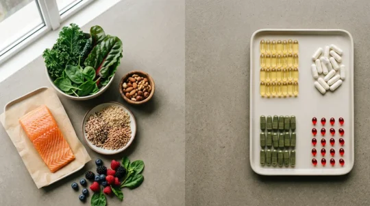 Composizione visiva che evoca il tema degli integratori per capelli e unghie in dialogo con scelte alimentari naturali