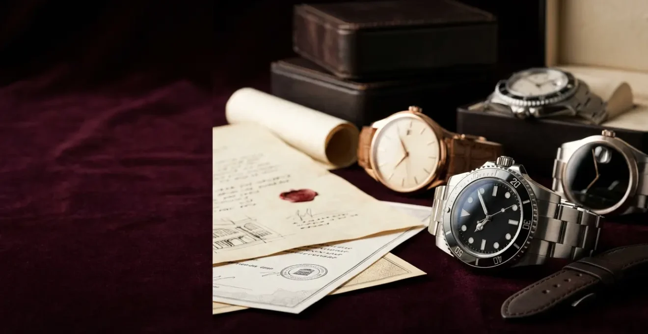 Collezione di orologi di lusso in cassaforte con documenti originali e certificati di autenticita