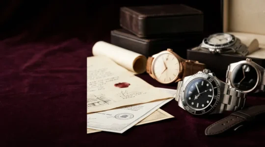 Collezione di orologi di lusso in cassaforte con documenti originali e certificati di autenticita