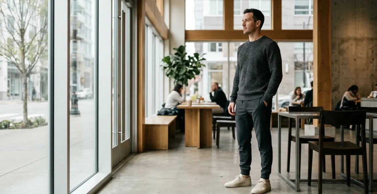 Outfit casual weekend con pantaloni tecnici e sneakers in ambiente urbano contemporaneo