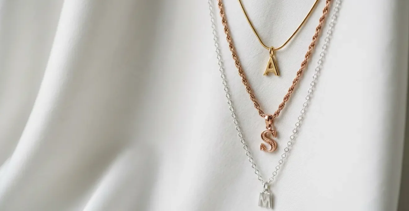 Composizione elegante di collane con iniziali sovrapposte in modo armonioso su fondo minimalista