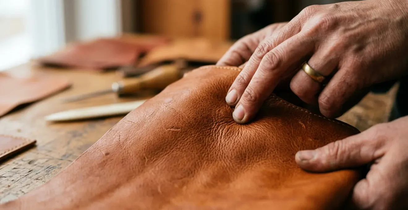 Dettaglio ravvicinato di mani artigiane che lavorano cuoio pregiato conciato al vegetale, simbolo dell'eccellenza manifatturiera italiana