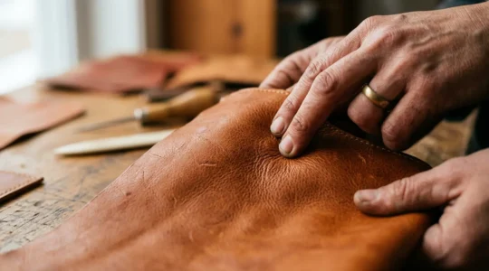 Dettaglio ravvicinato di mani artigiane che lavorano cuoio pregiato conciato al vegetale, simbolo dell'eccellenza manifatturiera italiana