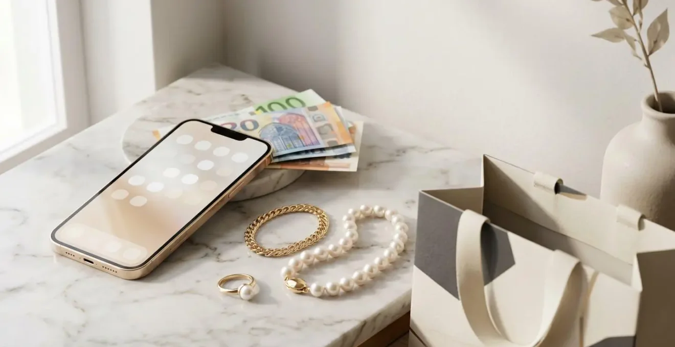 Una composizione editoriale che rappresenta l'ecosistema digitale delle newsletter di lusso con elementi di risparmio strategico