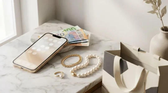 Una composizione editoriale che rappresenta l'ecosistema digitale delle newsletter di lusso con elementi di risparmio strategico