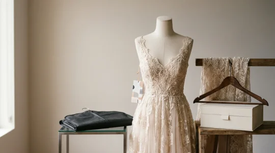 Elegante abito da cerimonia in primo piano con accessori e dettagli di stile per un evento speciale