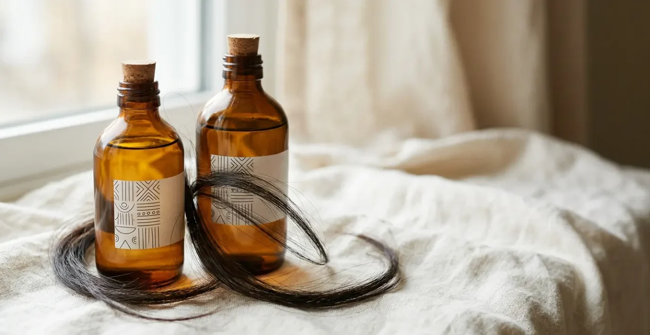 Due bottiglie di olio vegetale per capelli fini su superficie naturale con capelli lucenti