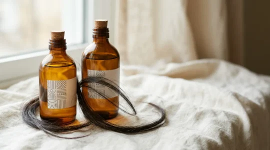 Due bottiglie di olio vegetale per capelli fini su superficie naturale con capelli lucenti