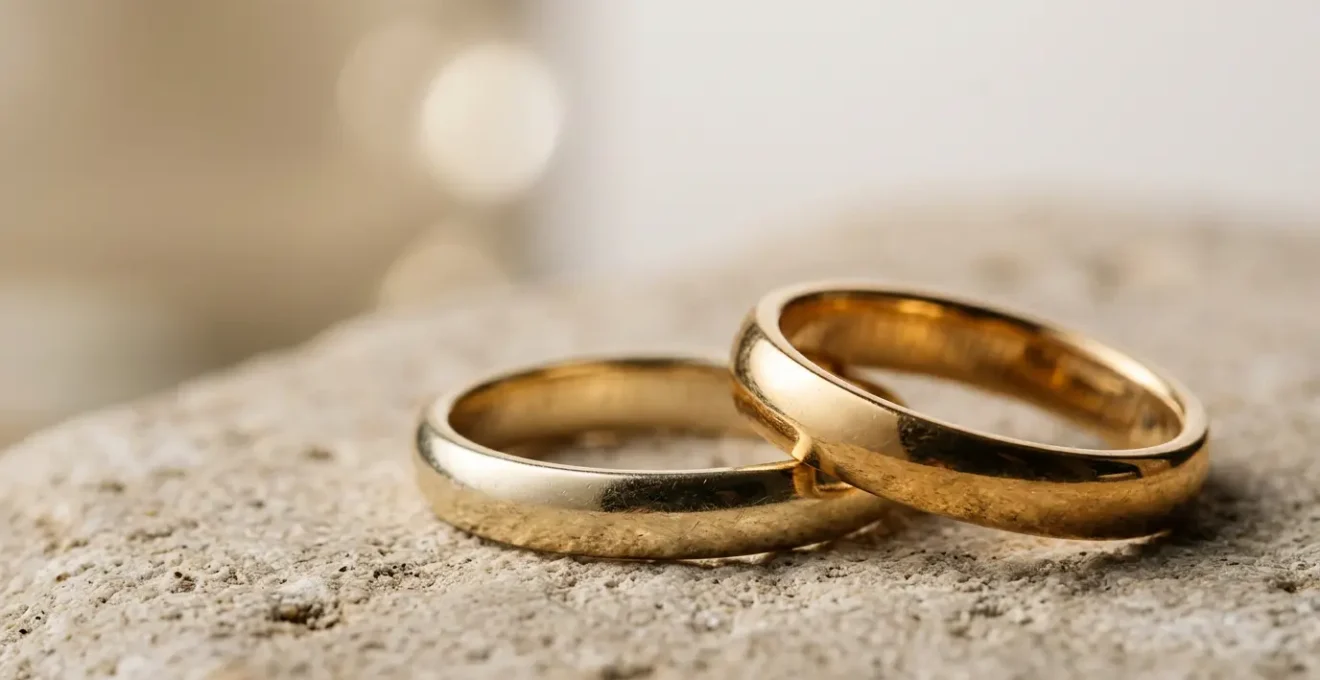 Dettaglio macro di anelli in oro 18 carati e 14 carati con texture e riflessi naturali che evidenziano le differenze cromatiche