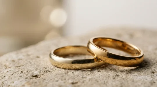 Dettaglio macro di anelli in oro 18 carati e 14 carati con texture e riflessi naturali che evidenziano le differenze cromatiche