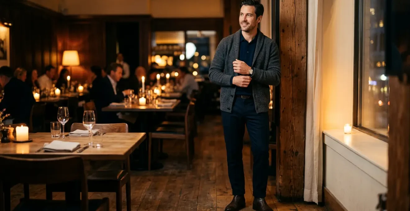 Uomo in abbigliamento smart casual elegante per cena informale
