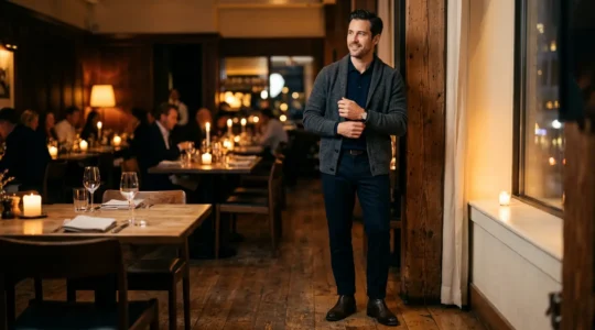 Uomo in abbigliamento smart casual elegante per cena informale