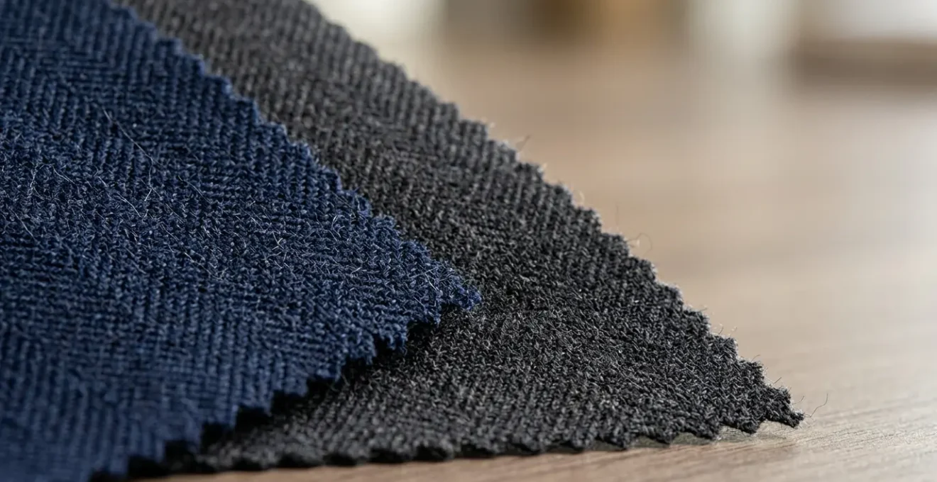 Dettaglio ravvicinato di tessuti pregiati per abito business con texture e qualità visibili