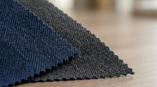 Dettaglio ravvicinato di tessuti pregiati per abito business con texture e qualità visibili