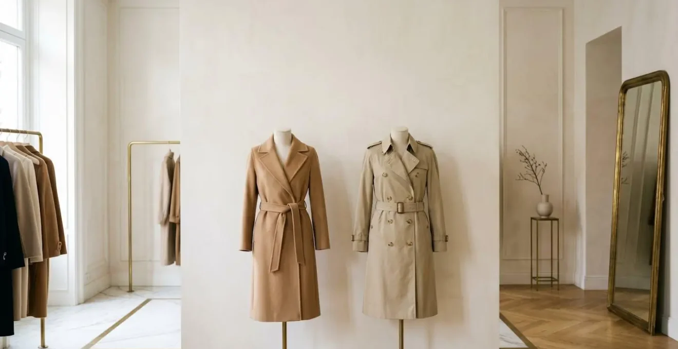 Cappotto cammello iconico e trench esposti in atelier di lusso con luce naturale elegante
