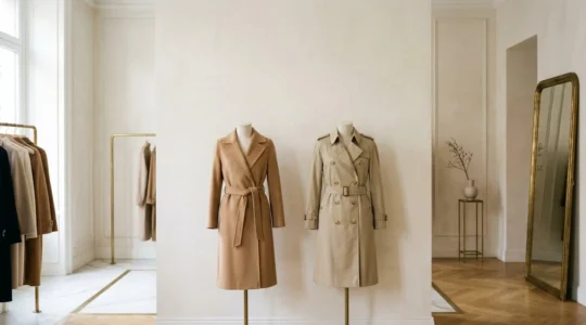 Cappotto cammello iconico e trench esposti in atelier di lusso con luce naturale elegante