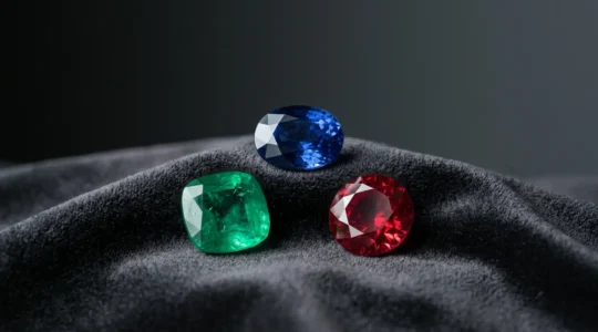 Composizione elegante di smeraldo, zaffiro e rubino per un 40° anniversario importante