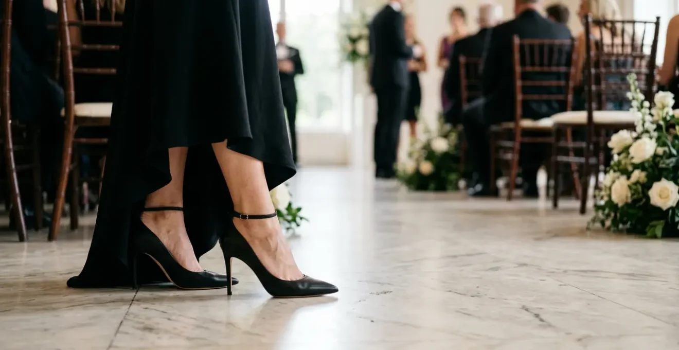 Donna elegante che indossa décolleté con tacco alto durante una cerimonia, equilibrio tra stile e comfort