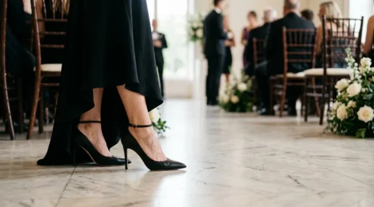 Donna elegante che indossa décolleté con tacco alto durante una cerimonia, equilibrio tra stile e comfort